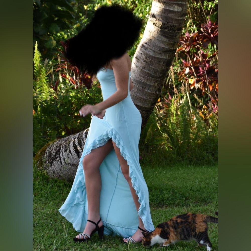 Beautiful blue/aqua/cyan strapless dress with slit and ruffles lucy in the sky